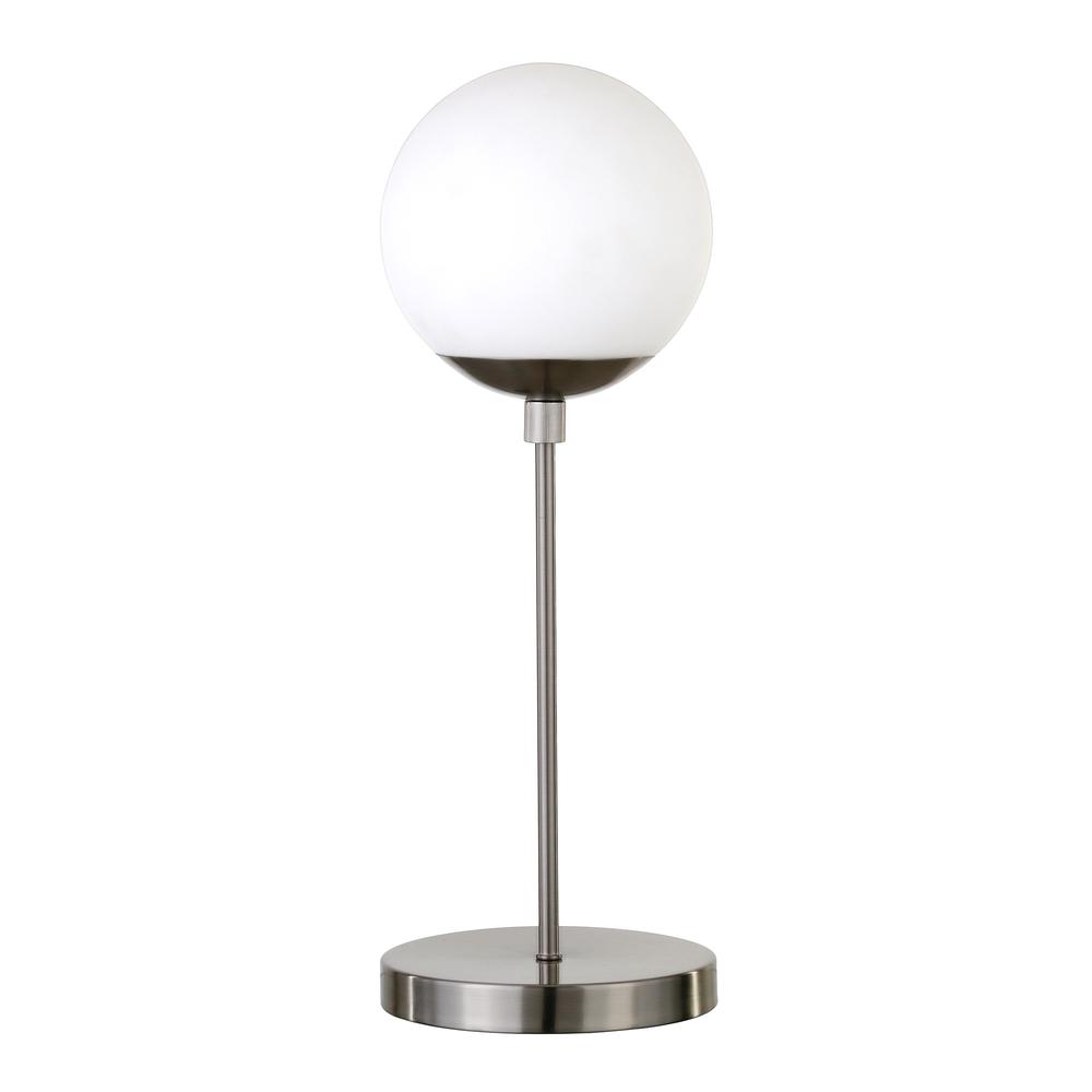 Theia 21" Tall Globe & Stem Table Lamp with Glass Shade in Brushed Nickel/White Milk. Picture 1