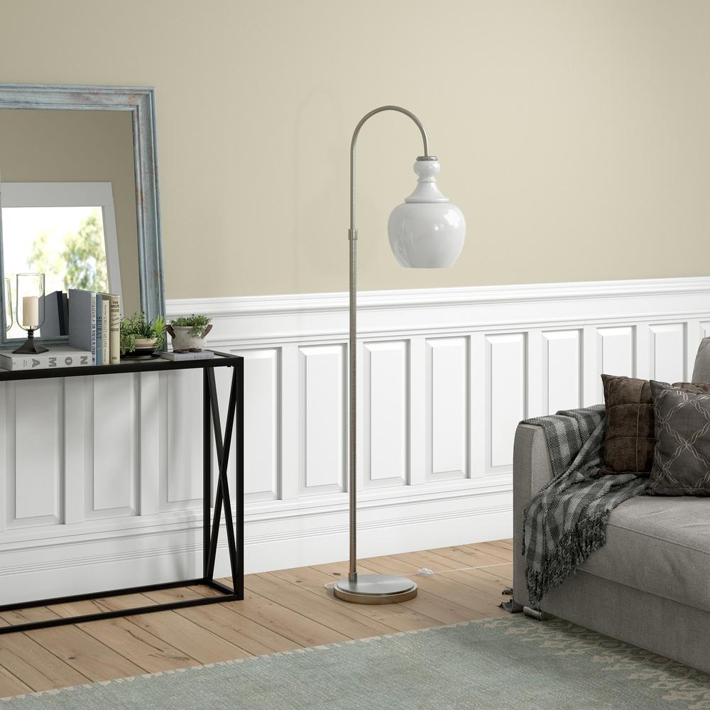 Verona Arc Floor Lamp with Glass Shade in Brushed Nickel/White Milk. Picture 4
