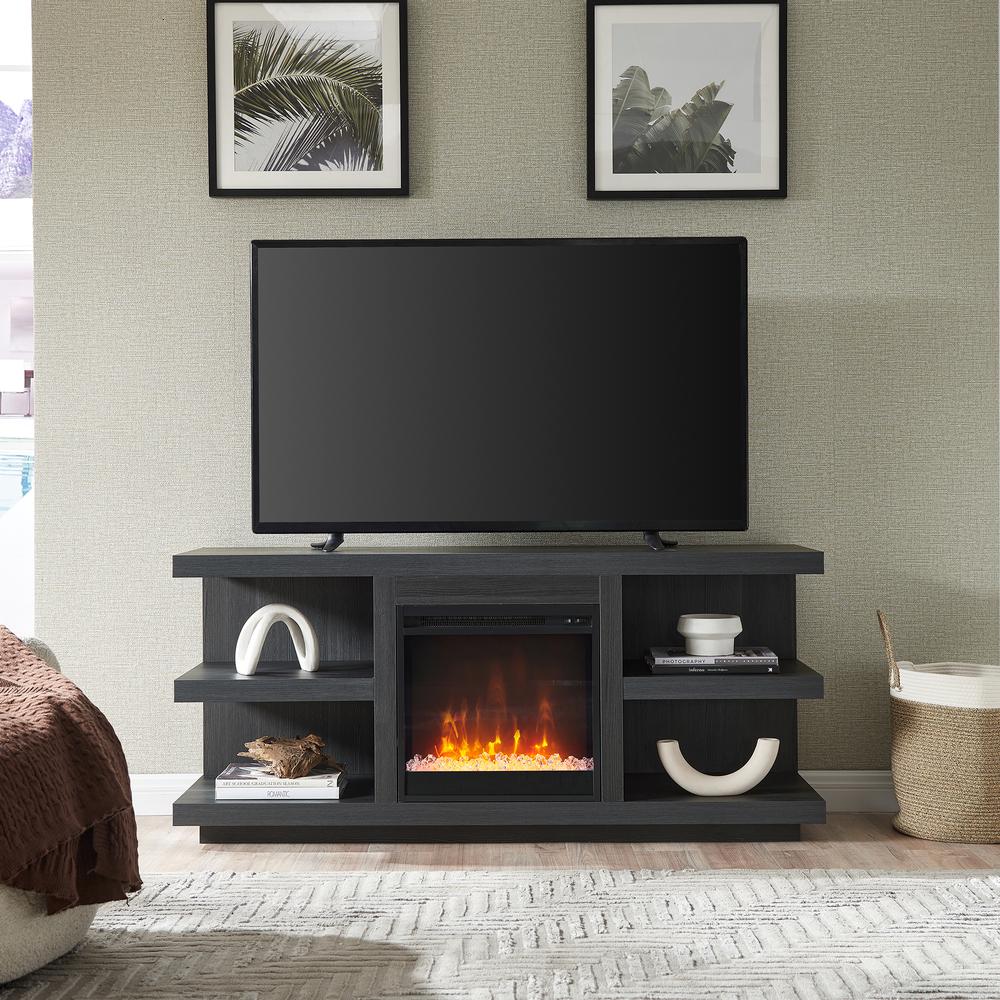 Maya Rectangular TV Stand with Crystal Fireplace for TV's up to 65" in Charcoal Gray. Picture 4