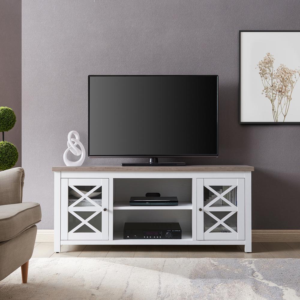 Colton Rectangular TV Stand for TV's up to 65" in White/Gray Oak. Picture 4
