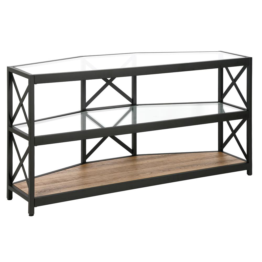 Celine Corner TV Stand with MDF Shelves for TV's up to 55" in Blackened Bronze/Rustic Oak. Picture 1