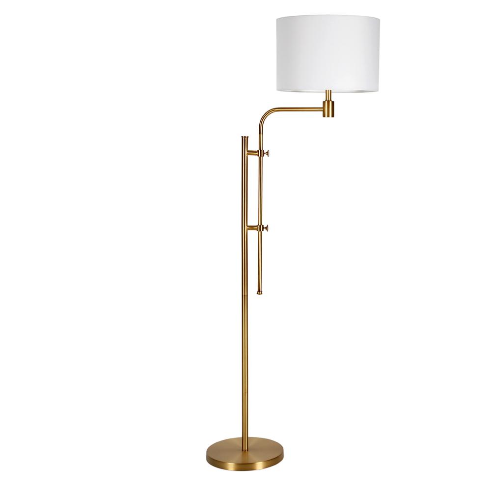 Polly Height-Adjustable Floor Lamp with Fabric Shade in Brass/White. Picture 1