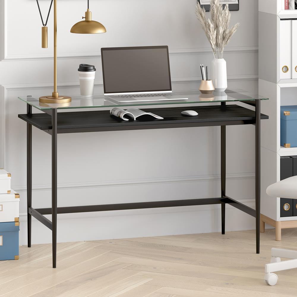 Eaton Rectangular 46'' Wide Desk with MDF Shelf in Blackened Bronze/Black Grain. Picture 2