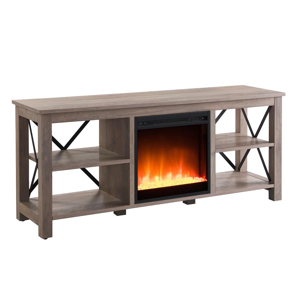 Sawyer Rectangular TV Stand with Crystal Fireplace for TV's up to 65" in Gray Oak. Picture 1