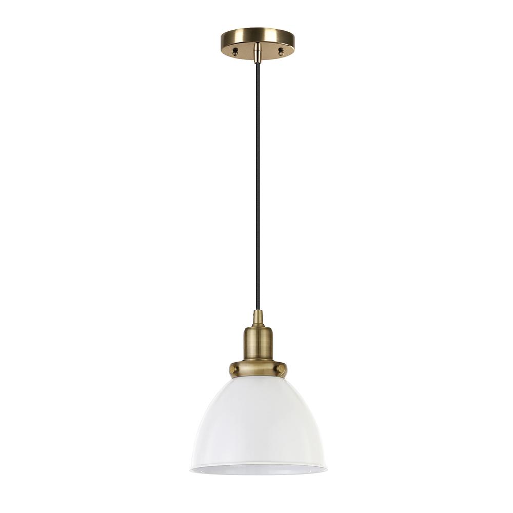 Madison 8" Wide Pendant with Metal Shade in White/Brass/White. Picture 1