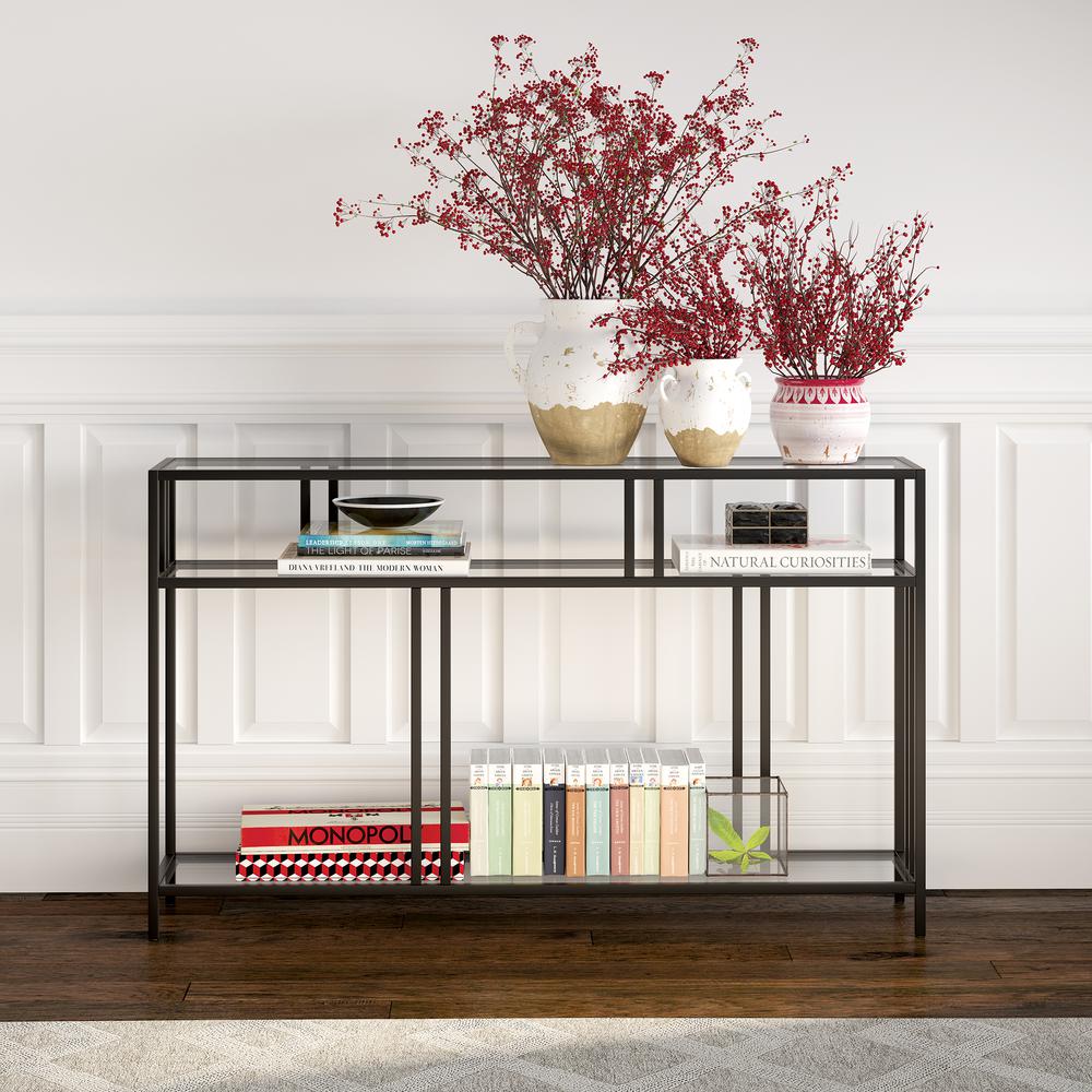 Cortland 48'' Wide Rectangular Console Table with Glass Shelves in Blackened Bronze. Picture 4