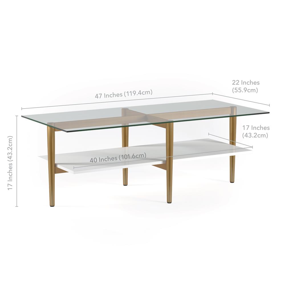 Otto 47'' Wide Rectangular Coffee Table with MDF Shelf in Brass and White Lacquer. Picture 5