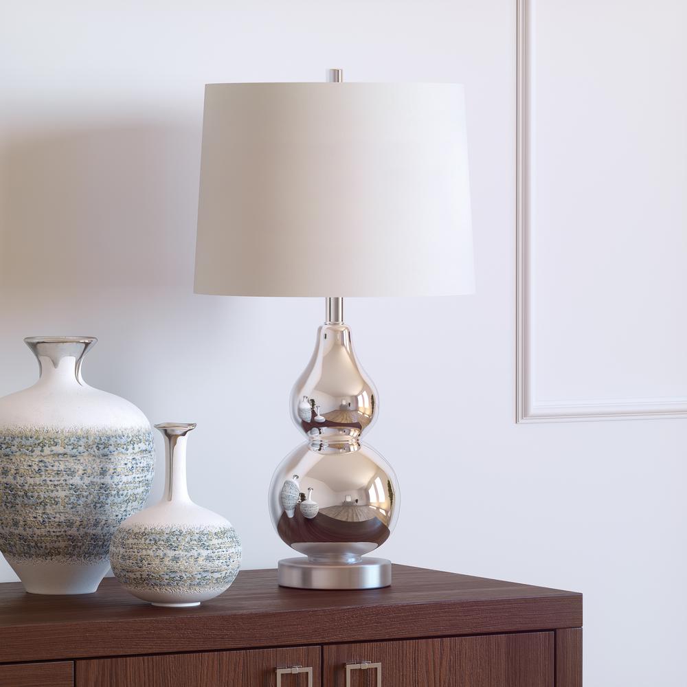 Katrina 21.25" Tall Petite Table Lamp with Fabric Shade in Polished Nickel Glass/Satin Nickel/White. Picture 2