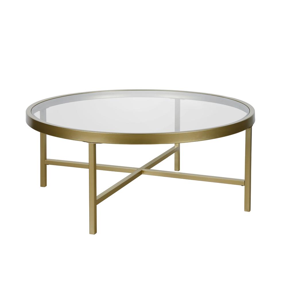 Xivil 36'' Wide Round Coffee Table with Glass Top in Brass. Picture 3