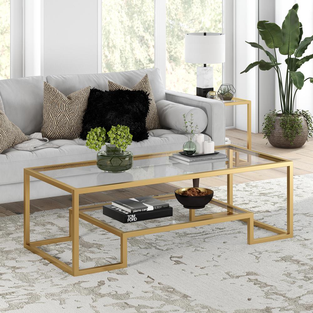 Athena 54'' Wide Rectangular Coffee Table in Brass. Picture 2