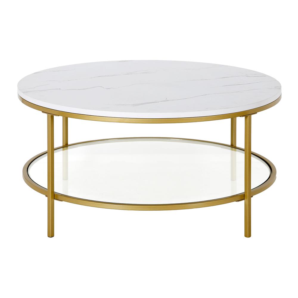 Sivil 36'' Wide Round Coffee Table with Faux Marble Top in Gold. Picture 3