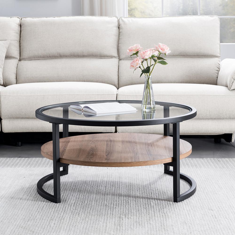 Winston 34.75'' Wide Round Coffee Table in Blackened Bronze/Rustic Oak. Picture 4