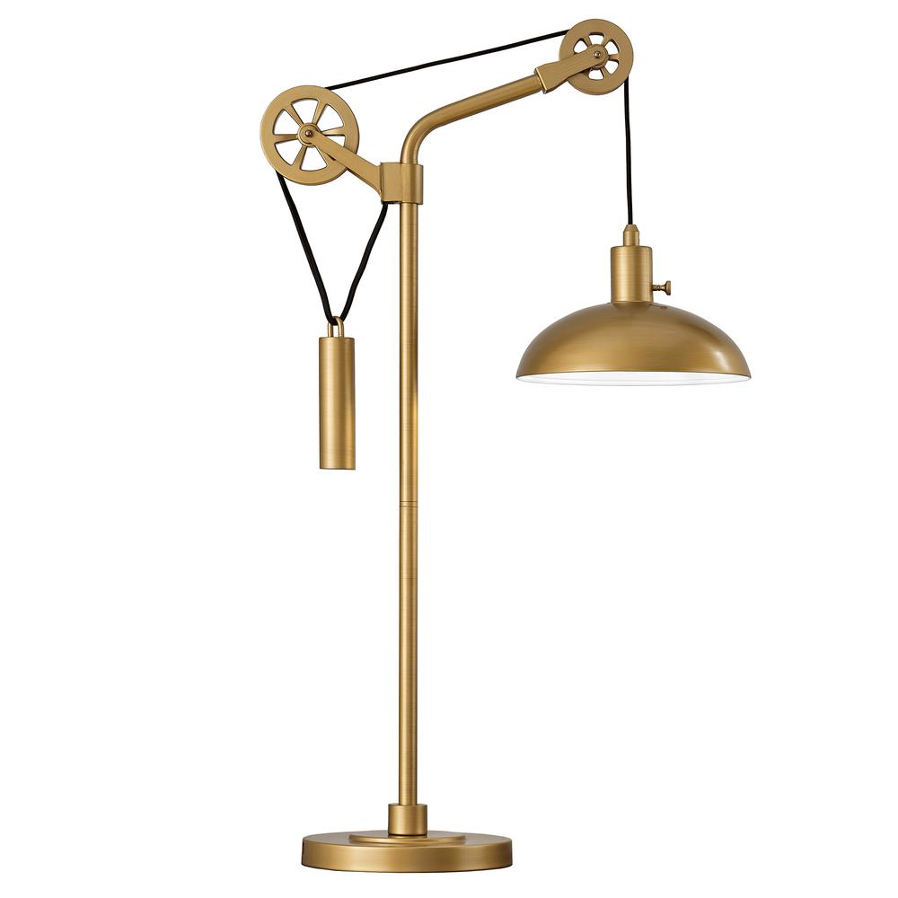 Neo 33.5" Tall Spoke Wheel Pulley System Table Lamp with Metal Shade in Brass/Brass. Picture 1