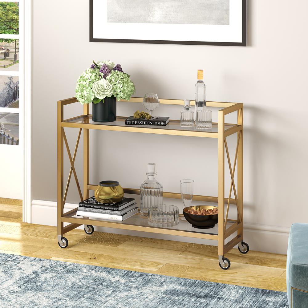 Holly 38'' Wide Rectangular Bar Cart in Brass. Picture 2