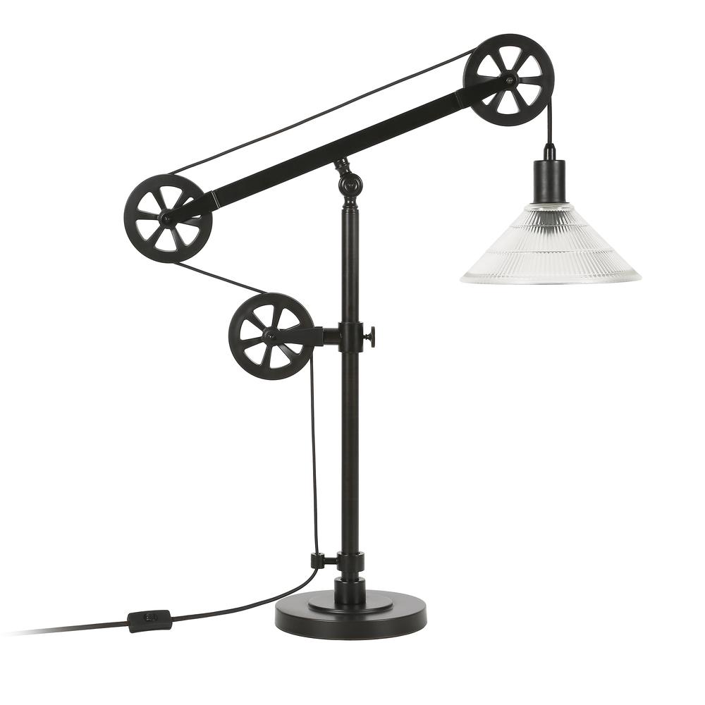 Descartes 29" Tall Pulley System Table Lamp with Ribbed Glass Shade in Blackened Bronze/Clear. Picture 1