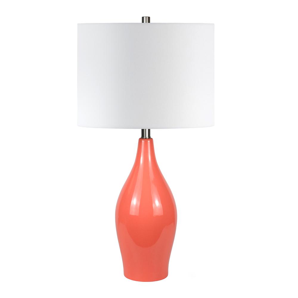 Bella 28.25" Tall Porcelain Table Lamp with Fabric Shade in Coral/White. Picture 1