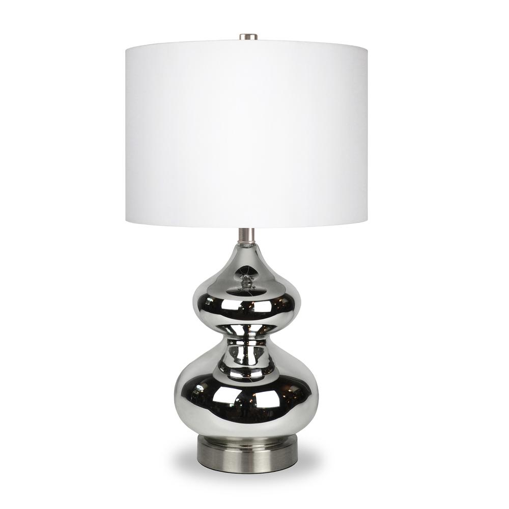 Katrin 23.5" Tall Table Lamp with Fabric Shade in Polished Nickel Glass/Satin Nickel/White. Picture 1