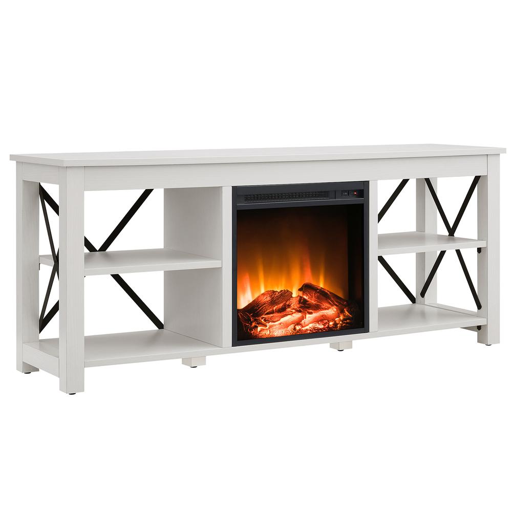 Sawyer Rectangular TV Stand with Log Fireplace for TV's up to 65" in White. Picture 1