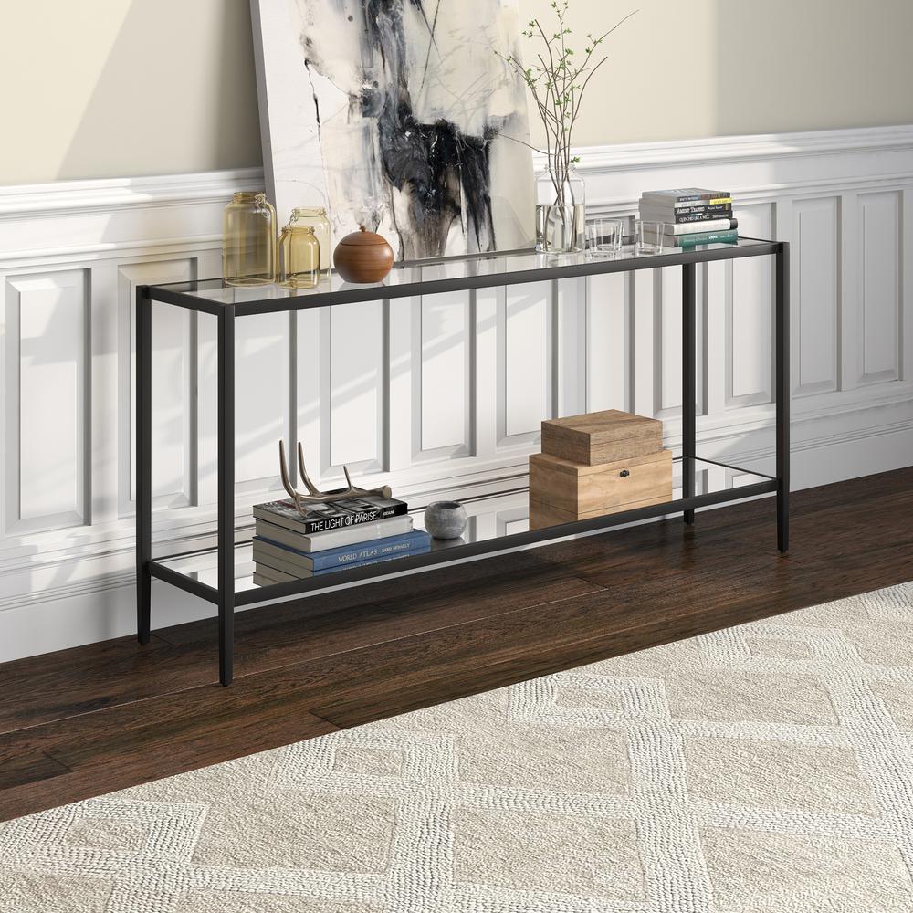 Hera 64'' Wide Rectangular Console Table with Glass Shelf in Blackened Bronze. Picture 2