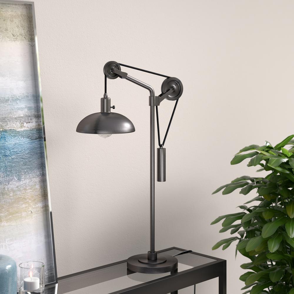 Neo 33.5" Tall Solid Wheel Pulley System Table Lamp with Metal Shade in Aged Steel/Aged Steel. Picture 2