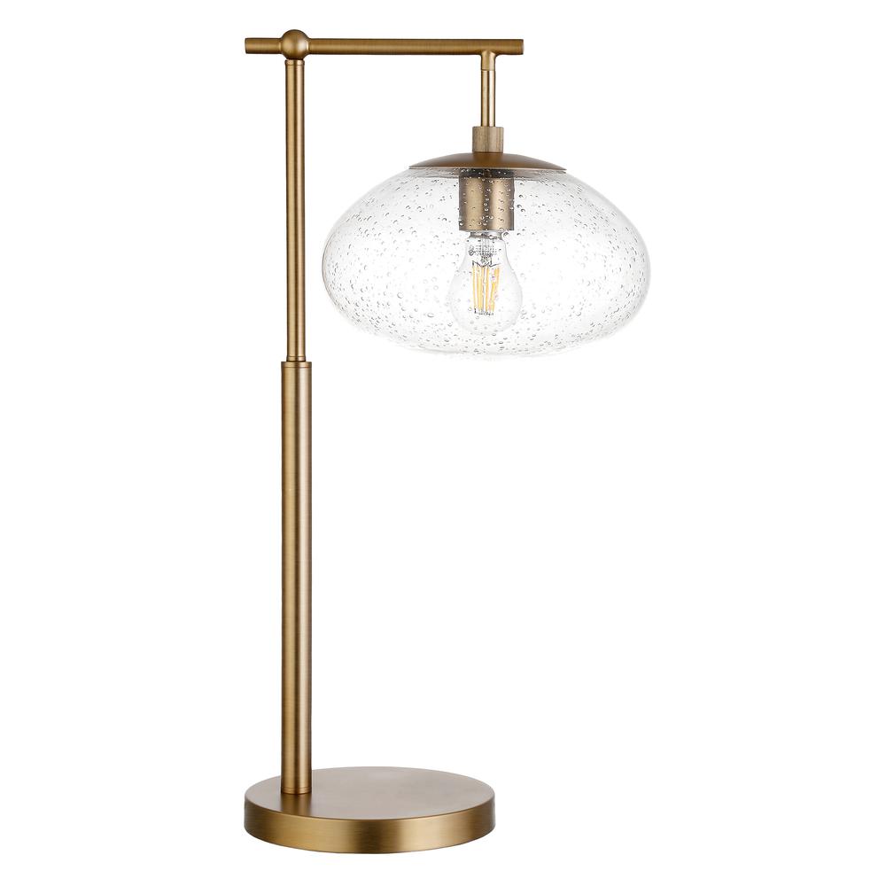 Blume 25" Tall Arc Table Lamp with Glass Shade in Brushed Brass/Seeded. Picture 1