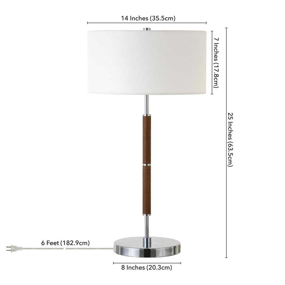 Simone 25" Tall 2-Light Table Lamp with Fabric Shade in Rustic Oak/Polished Nickel/White. Picture 4