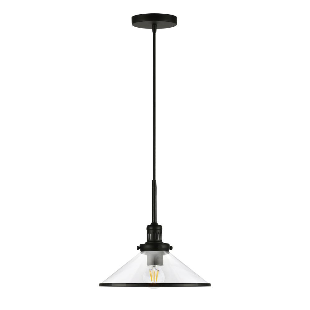 Milo 12.25" Wide Pendant with Glass Shade in Blackened Bronze/Clear. Picture 1