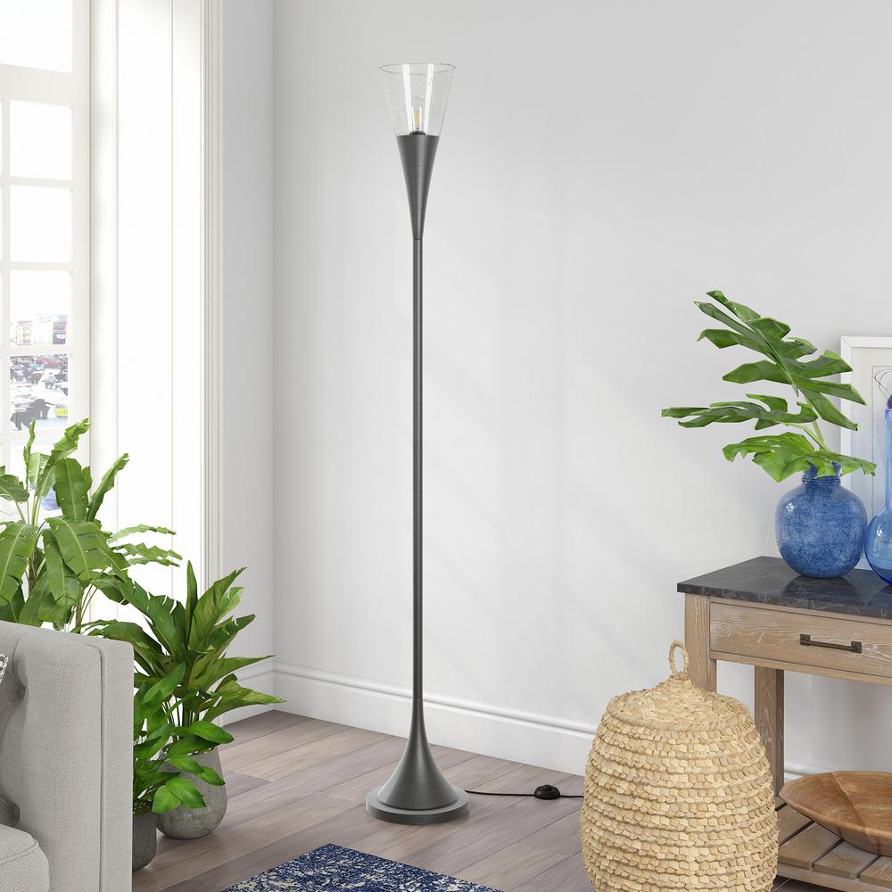Moura Torchiere Floor Lamp with Glass Shade in Aged Steel/Seeded. Picture 2
