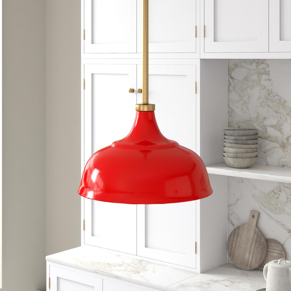 Mackenzie  10.75" Wide Pendant with Metal Shade in Poppy Red/Brass/Poppy Red. Picture 2