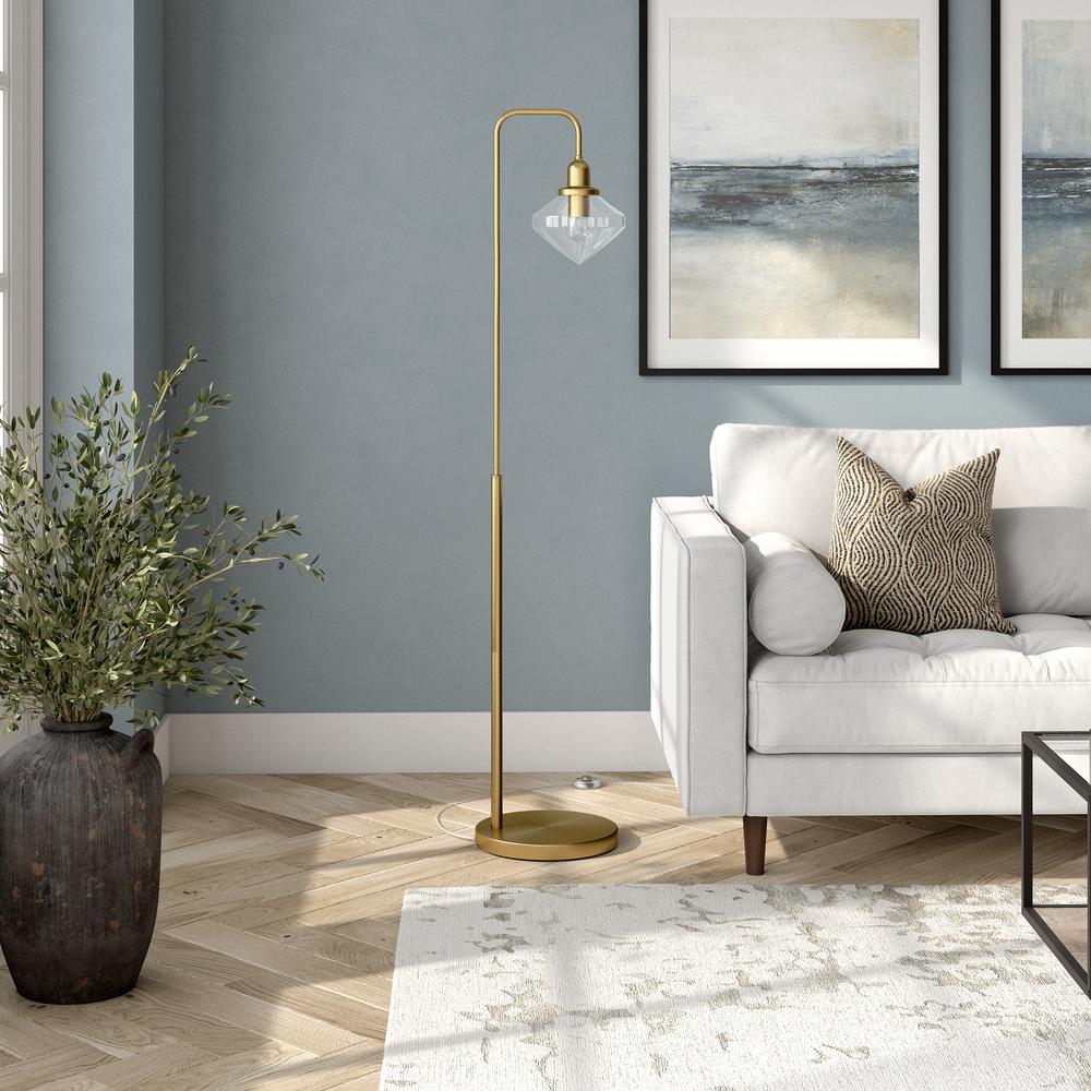 Zariza Arc Floor Lamp with Glass Shade in Brass/Clear. Picture 3