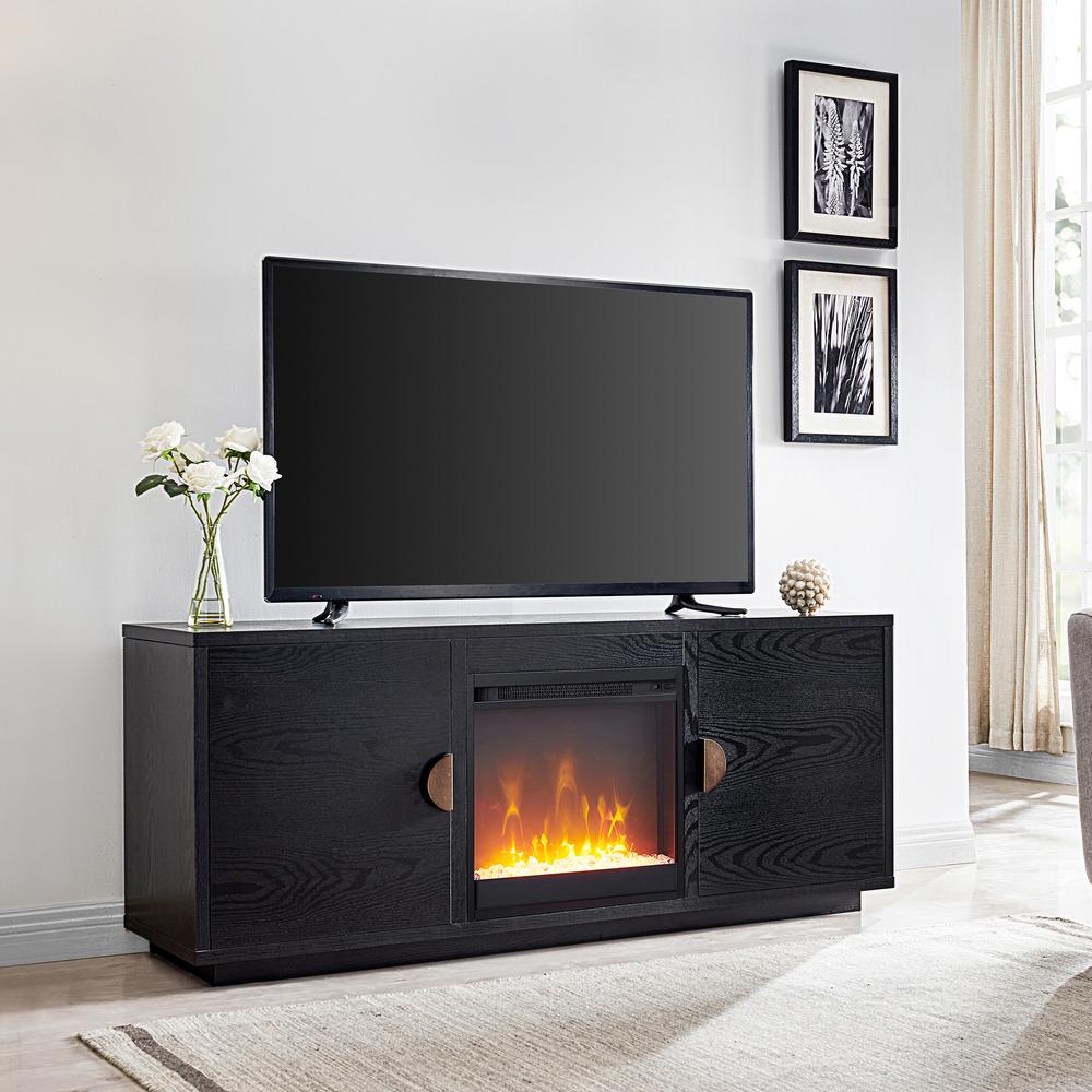 Dakota Rectangular TV Stand with Crystal Fireplace for TV's up to 65" in Black. Picture 2