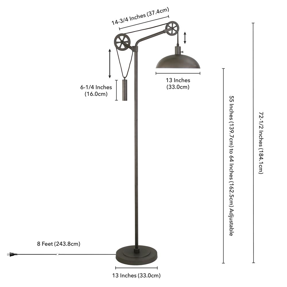 Neo Spoke Wheel Pulley System Floor Lamp with Metal Shade in Aged Steel/Aged Steel. Picture 4