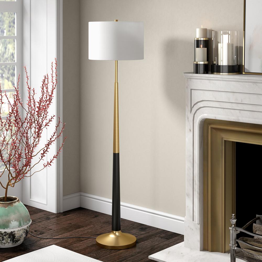 Lyon Two-Tone Floor Lamp with Fabric Shade in Brass/Matte Black/White. Picture 3