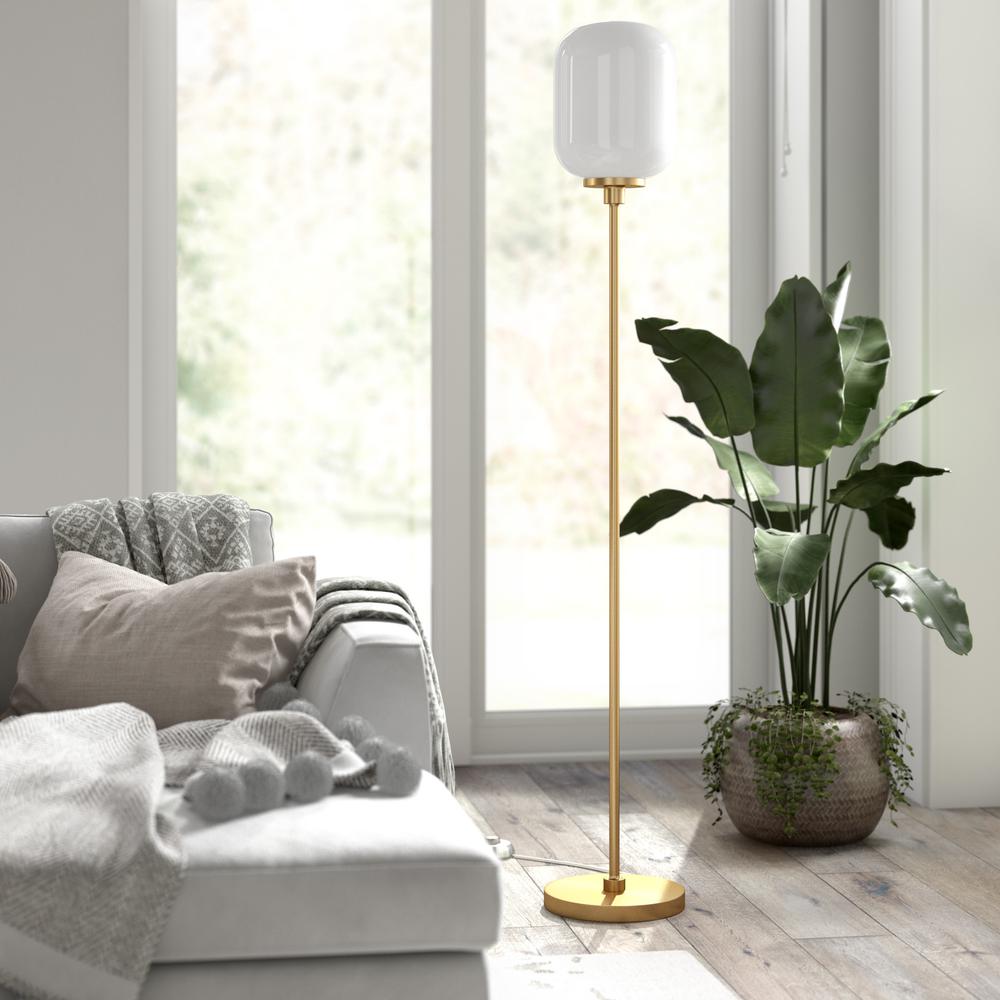 Agnolo 69" Tall Floor Lamp with Glass Shade in Brass/White Milk. Picture 3