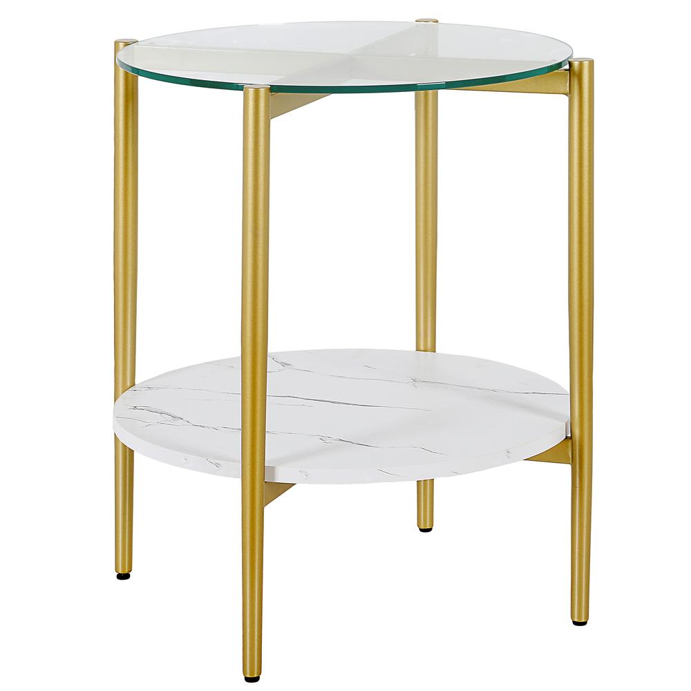 Otto 20'' Wide Round Side Table with Faux Marble Shelf in Gold and Faux Marble. Picture 1