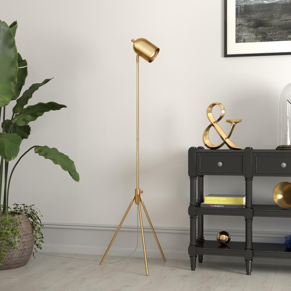 Bruno Tripod Floor Lamp with Metal Shade in Brass/Brass. Picture 2
