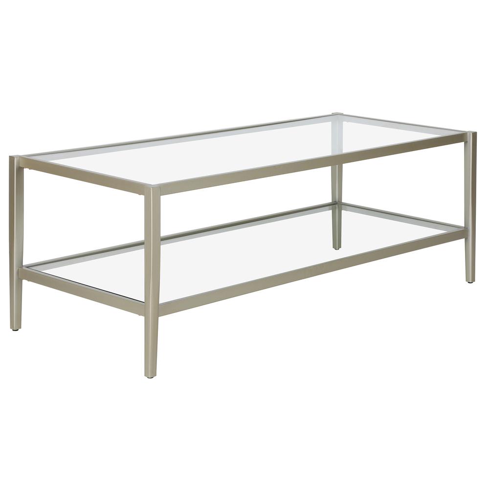 Hera 45'' Wide Rectangular Coffee Table with Glass Shelf in Satin Nickel. Picture 1
