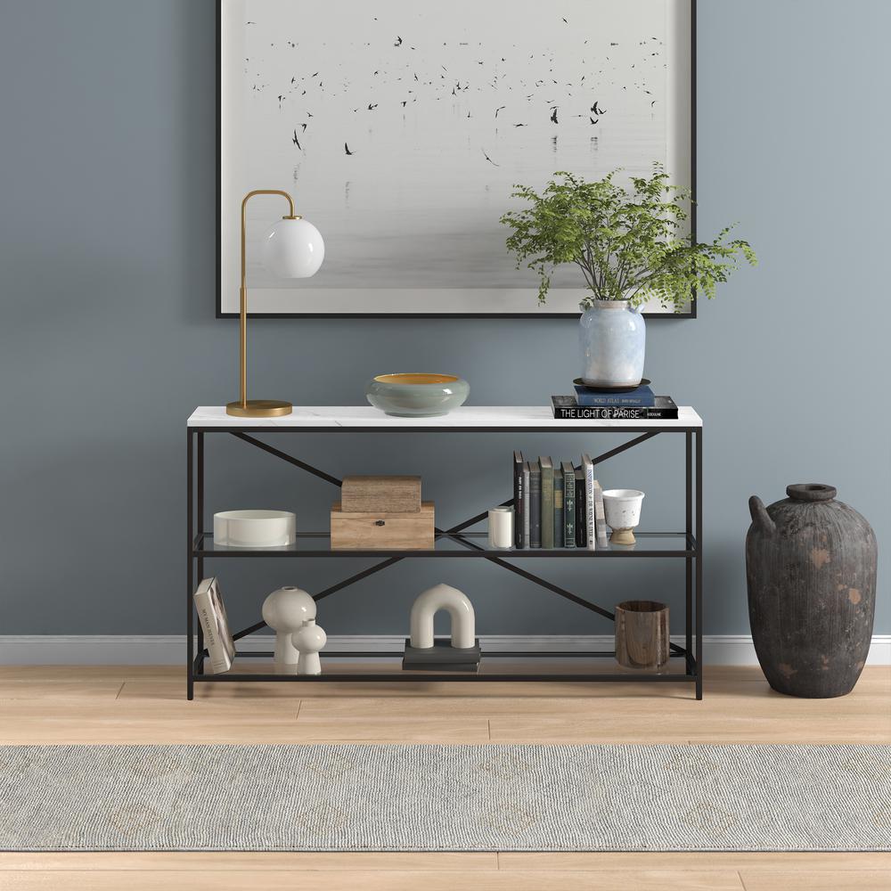 Fionn 55" Wide Rectangular Console Table with Faux Marble Top in Blackened Bronze. Picture 4