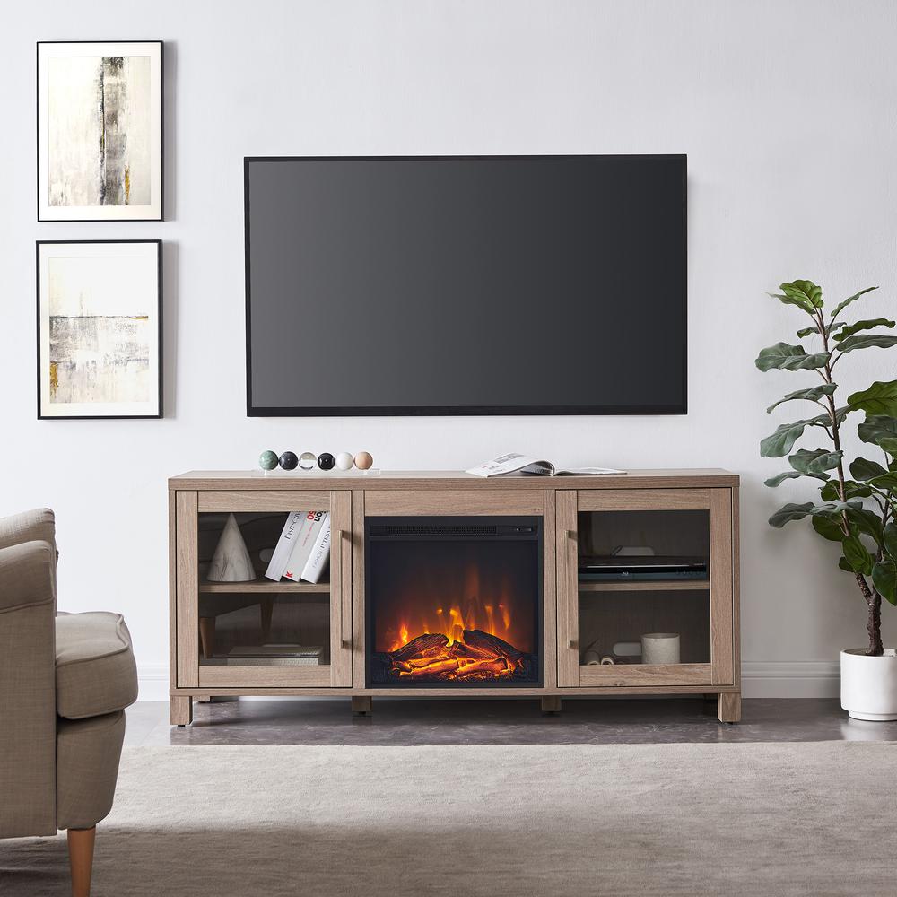 Quincy Rectangular TV Stand with Log Fireplace for TV's up to 65" in Antiqued Gray Oak. Picture 4