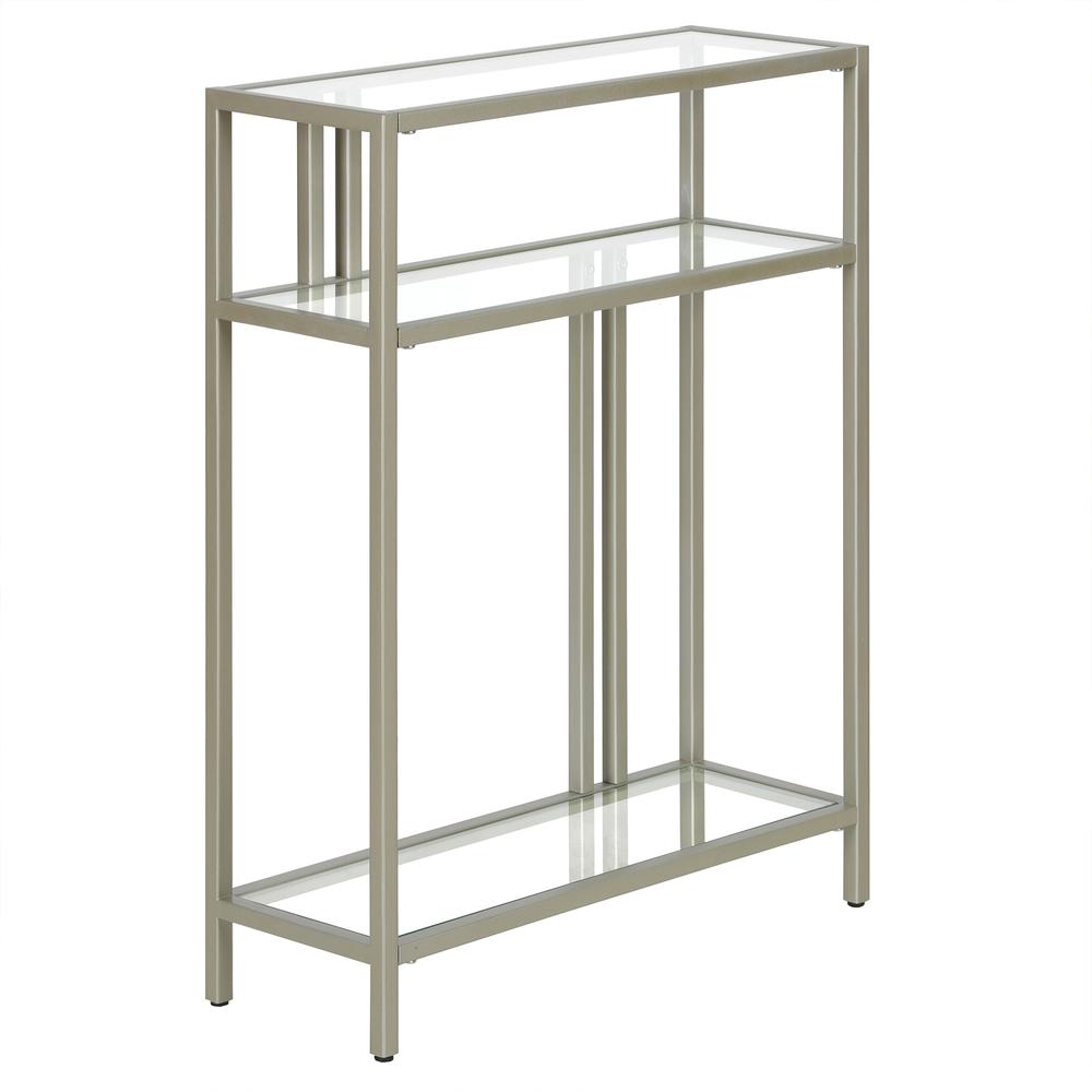 Cortland 22'' Wide Rectangular Console Table with Glass Shelves in Satin Nickel. Picture 1
