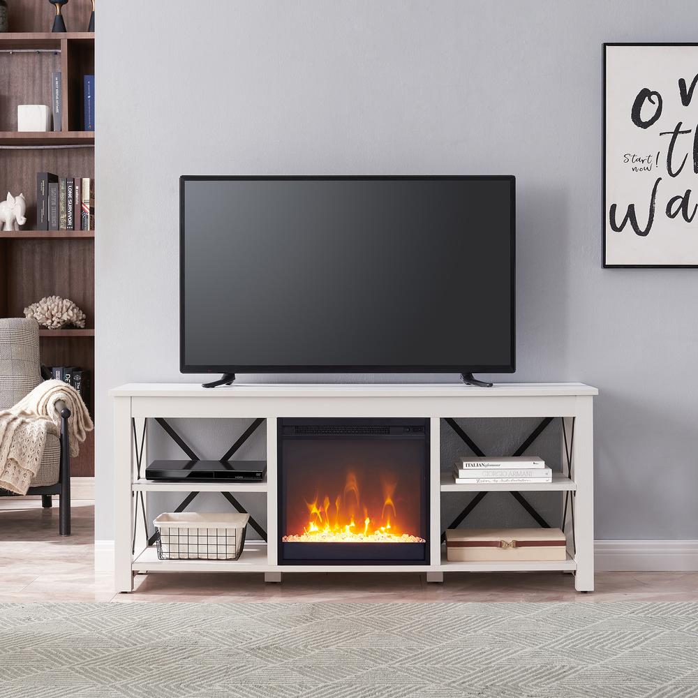 Sawyer Rectangular TV Stand with Crystal Fireplace for TV's up to 65" in White. Picture 4