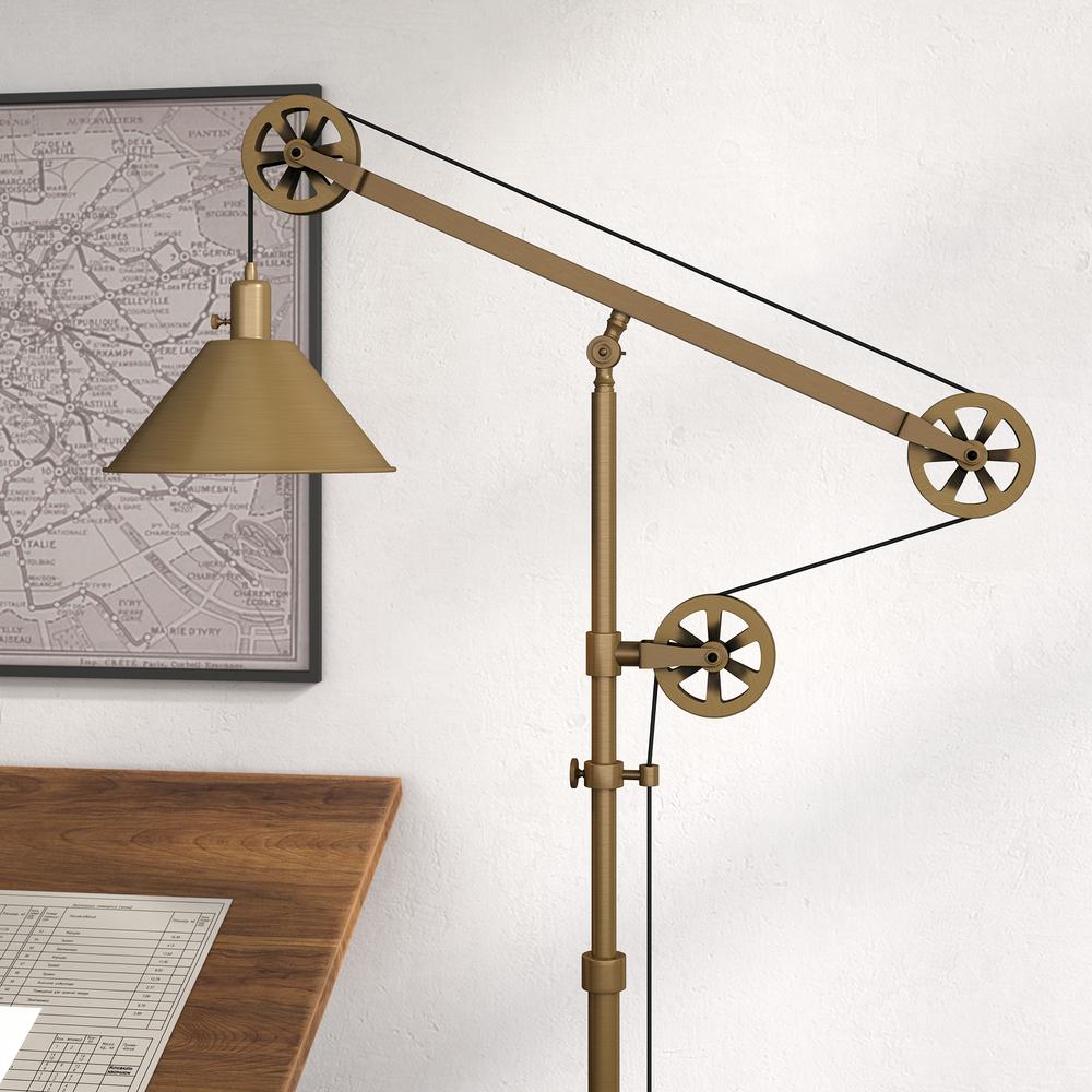 Descartes Pulley System Floor Lamp with Metal Shade in Antique Brass/Antique Brass. Picture 4
