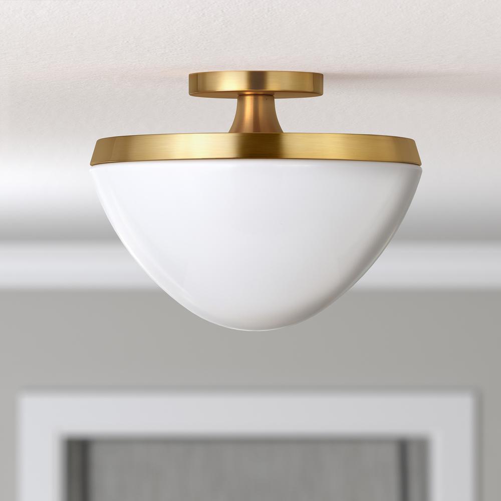 Durant 12.62" Wide Semi Flush Mount with Glass Shade in Brass/White Milk. Picture 2