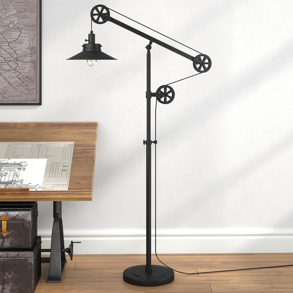 Descartes Wide Brim/Pulley System Floor Lamp with Metal Shade in Blackened Bronze/Blackened Bronze. Picture 2