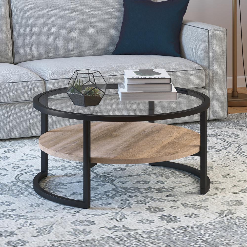 Winston 34.75'' Wide Round Coffee Table in Blackened Bronze/Limed Oak. Picture 2