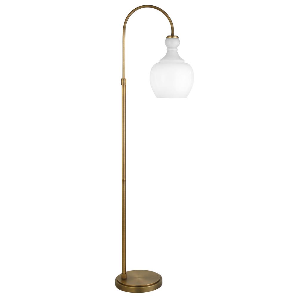 Verona Arc Floor Lamp with Glass Shade in Brushed Brass/White Milk. Picture 1