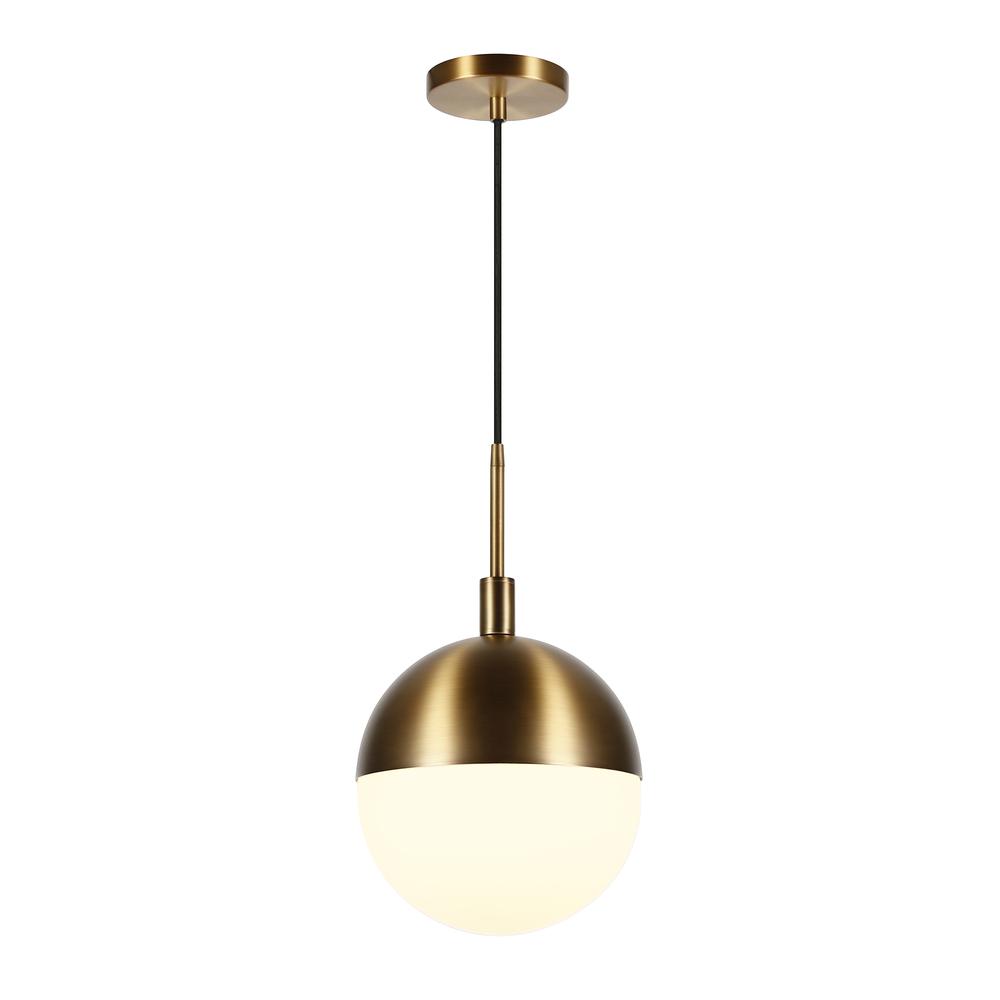 Orb 10" Wide Large Pendant with Glass Shade in Brass/White Milk. Picture 3