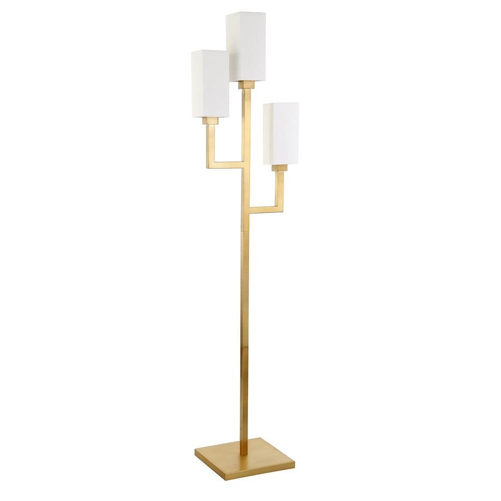 Basso 3-Light Torchiere Floor Lamp with Fabric Shade in Brass/White. Picture 1