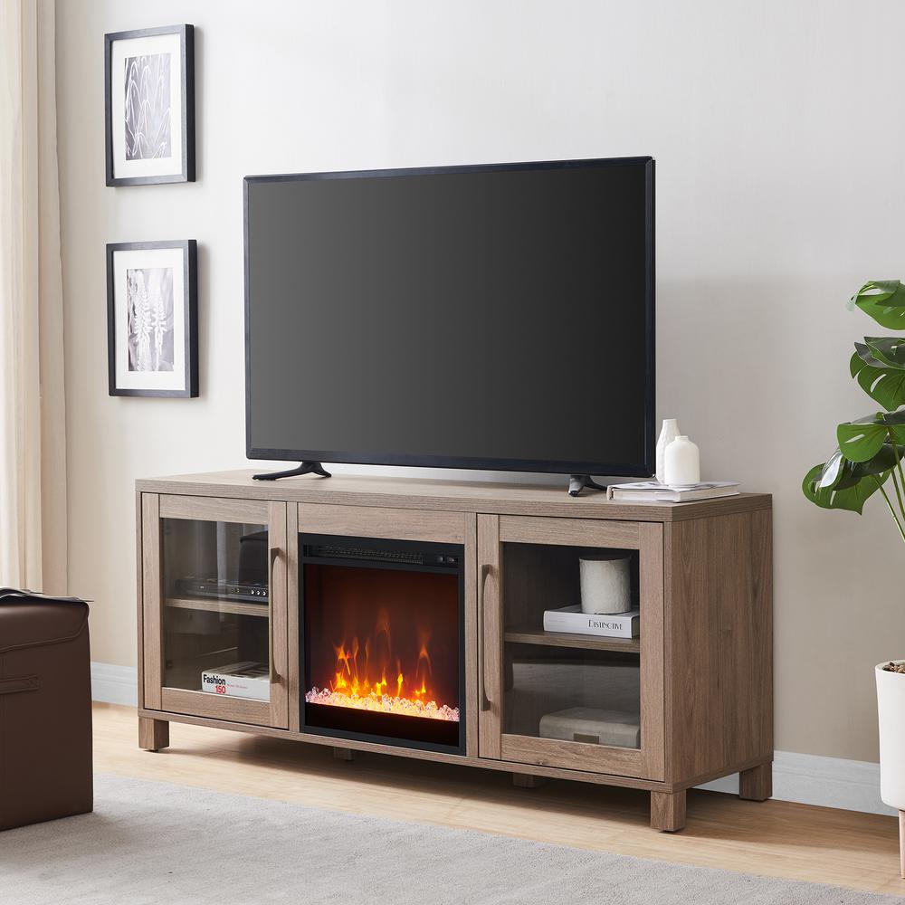 Quincy Rectangular TV Stand with Crystal Fireplace for TV's up to 65" in Antiqued Gray Oak. Picture 2