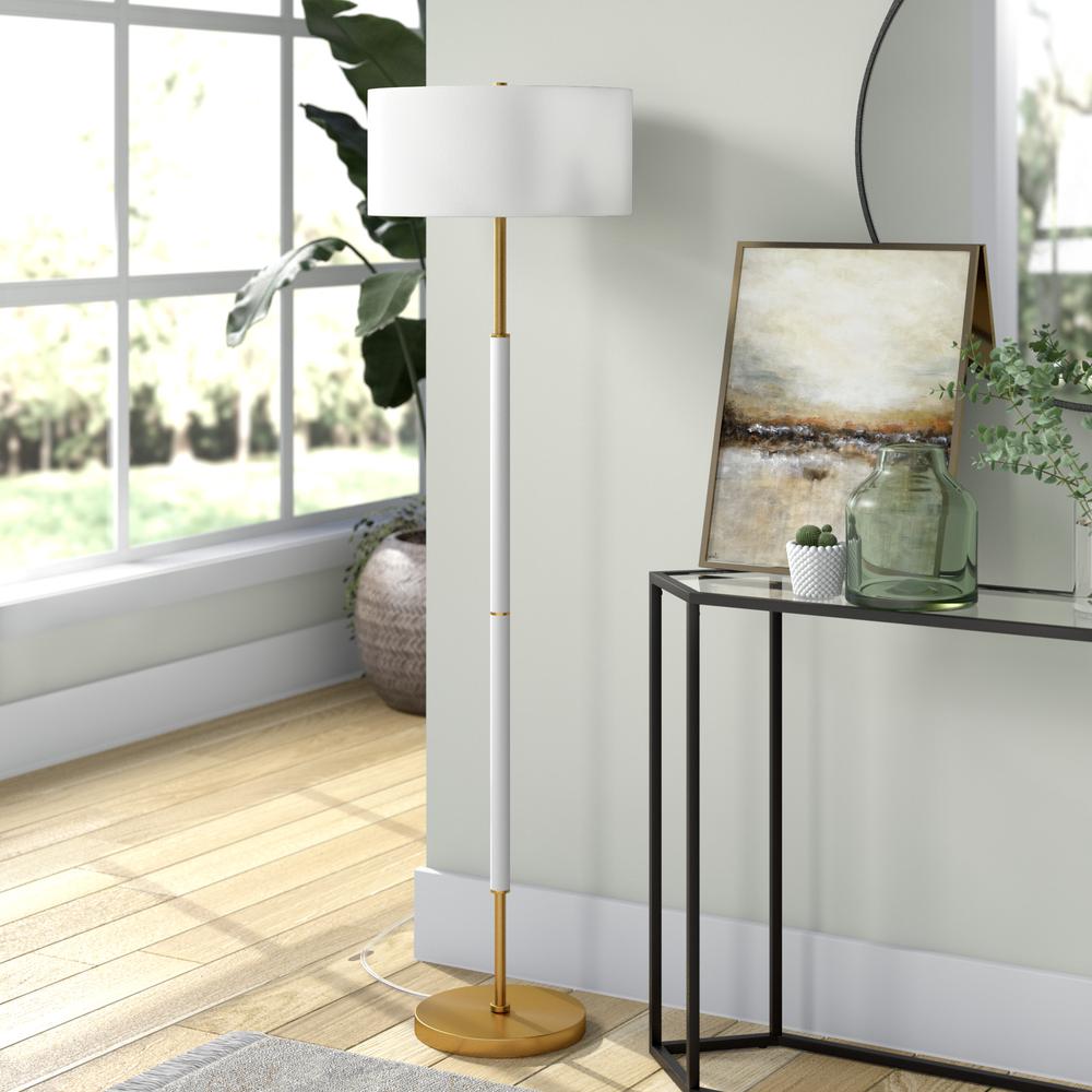 Simone 2-Light Floor Lamp with Fabric Shade in Matte White/Brass /White. Picture 2
